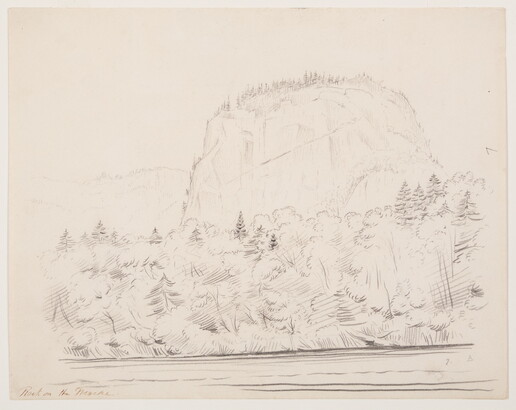 A black-and-white drawing of a rock formation hovering above a riverbank covered with trees.