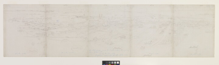 A black-and-white drawing of Montreal as viewed from above across multiple sheets of paper.