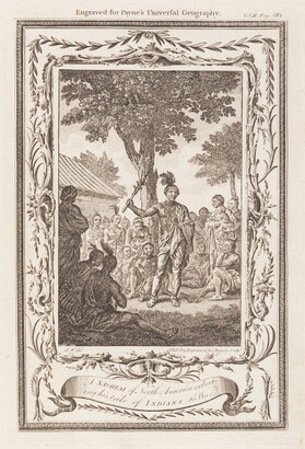 A black-and-white print of a group of Indigenous people listening to someone speak, surrounded by an elegant frame.