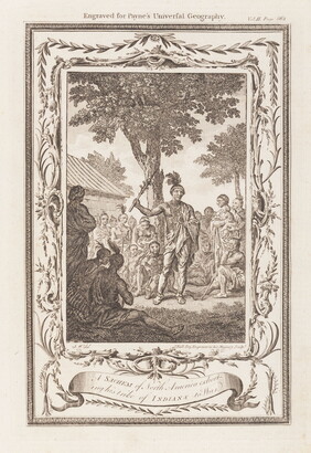 A black-and-white print of a group of Indigenous people listening to someone speak, surrounded by an elegant frame.