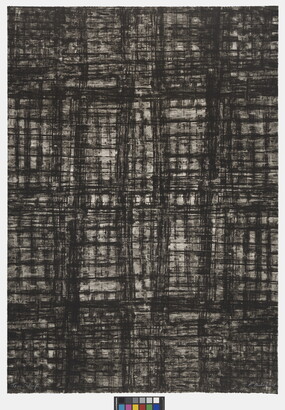 An abstract print of an irregular grid of black hash marks against a white background.
