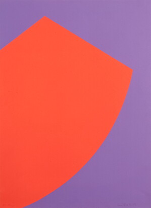 An abstract color print of an orange rectangle-like shape protruding onto a purple field.