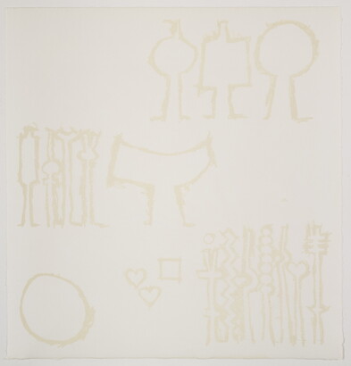 An abstract color print of a series of geometric shapes and symbols in three levels printed in a very light tan on white paper.