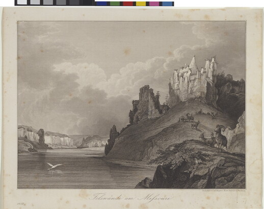A black-and-white print of a river and castle-like structure on a rocky mountainside with sheep grazing on the hillsides.