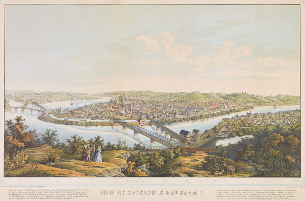 A color print of two cities separated by a river with bridges connecting them.