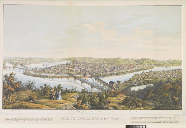 A color print of two cities separated by a river with bridges connecting them.