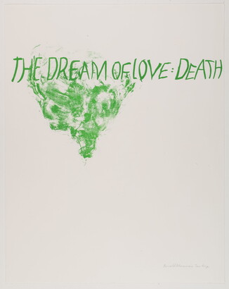 An abstract color print of a green triangular splotchy form beneath green handwritten text that reads, &quot;The dream of love &amp; death.&quot;