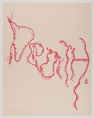 A color print of red, wavy handwritten text reading &quot;Death.&quot;
