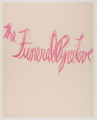 A color print of hot pink, cursive text reading &quot;The FuneralPyre:Love.&quot;