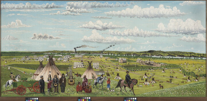 An oil painting of green pastures and a community of tipis and buildings with Native and non-Native people in the foreground.