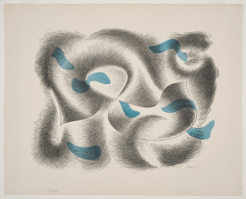 An abstract color print of a gray swirl design with blue, organic-shaped accents.