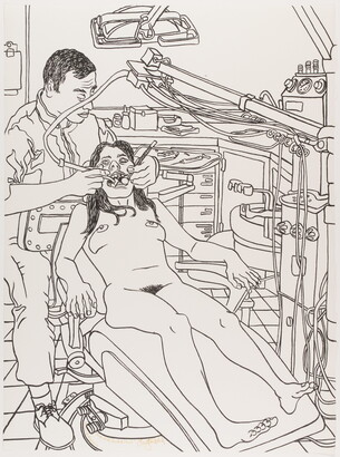 A black-and-white line drawing of a nude woman lying in a dentist&#039;s chair as the dentist works on her mouth.