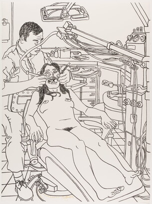A black-and-white line drawing of a nude woman lying in a dentist&#039;s chair as the dentist works on her mouth.