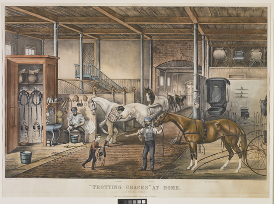 A color print of people caring for horses in a stable.