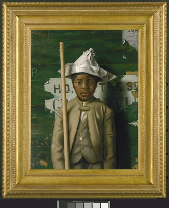 An oil painting of a Black boy wearing a newspaper hat and tattered clothes, resting a wooden pole on his shoulder, and standing against wall with old handbills on it.