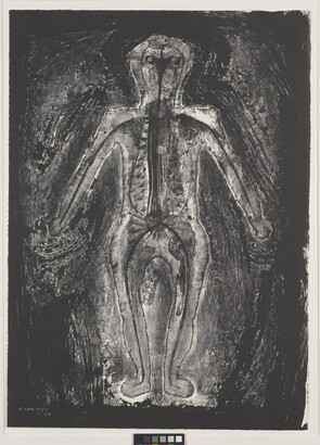 An abstract black-and-white print of a human figure that seems to glow white on a black background.