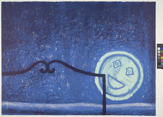 A color print of a light blue moon with a smiling face glowing behind the outline of a bed frame in front of a dark blue starry sky.