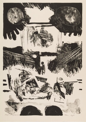 An abstract black-and-white print of organic shapes and designs, some of which resemble a person playing a piano.