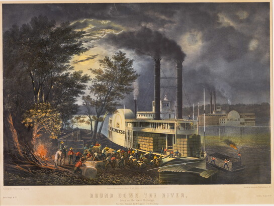 A color print of a large group of people loading cargo onto a steam ship by firelight; the moon shining through the clouds above.