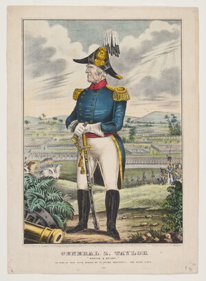 A color print of an older White man in a tricorn hat and full soldier regalia, hands resting on a sword, standing above a field of soldiers.