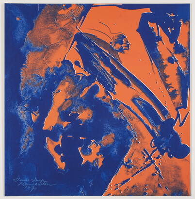 An abstract color print of orange and blue organic shapes and splatters with the subtle profile of a woman&#039;s head in the top center.
