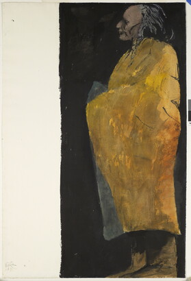 A watercolor of an Indigenous figure in profile wrapped in a yellow cloth against a black background.