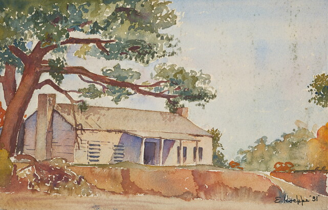A watercolor of the front and side of a clapboard house and porch shaded by large trees.