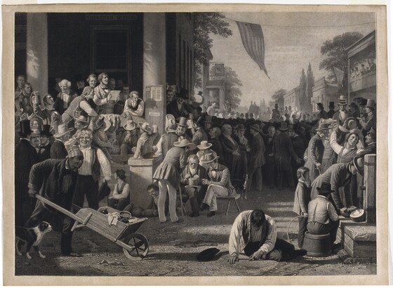 A black-and-white print of a large gathering of mostly White men crowding the street and front steps of the sheriff&#039;s office.