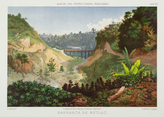 A color print of a locomotive on a high bridge in the distance going over a lush green canyon.