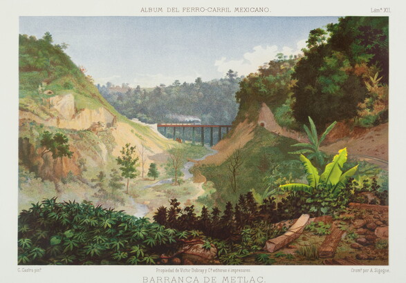 A color print of a locomotive on a high bridge in the distance going over a lush green canyon.