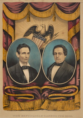 A color print of two oval portraits of White men in suits against a backdrop of red curtains with yellow fringe, and a bald eagle holding a shield at center.
