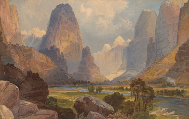 A color print of a landscape with rocky cliffs, mountains, and a river.