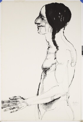 A black-and-white drawing of a nude Indigenous man with braids, hands held out in front of him, in profile.