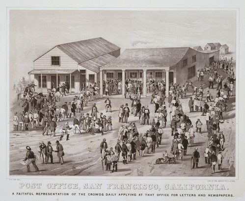 A black-and-white print showing a crowd of people in various lines outside a single-story, clapboard building.