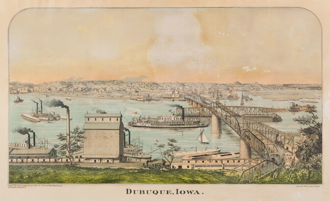 A color print of a riverfront shipyard, a bridge, and a city on the far side of the bridge.