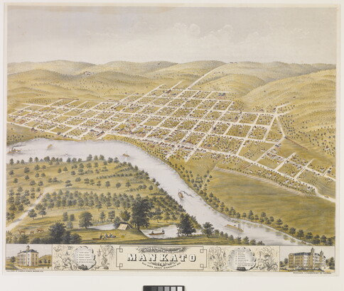 A color print of an aerial view of a river-side town showing streets organized in a grid and hills beyond.