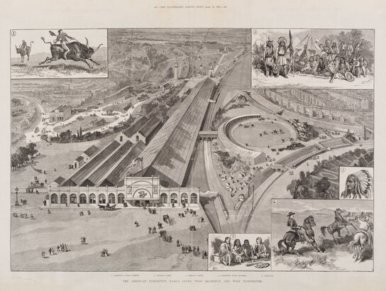 A black-and-white print of a long exhibition hall surrounded by parks; vignettes around the edges show images of the American west including figures on horseback and Native Americans.