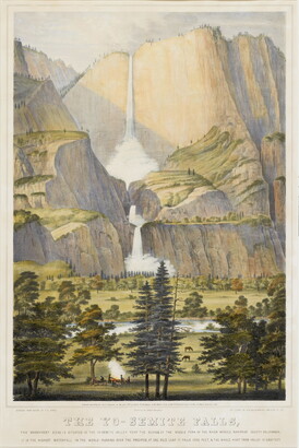 A color print of a double-waterfall coming down from high cliffs into a green valley full of trees.