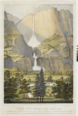 A color print of a double-waterfall coming down from high cliffs into a green valley full of trees.