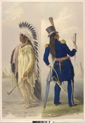 A color print of a Native American man in two outfits: on the left he wears traditional clothing and on the right a soldier&#039;s blue uniform.