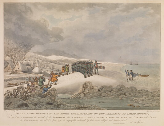 A color print of soldiers and villagers standing on a small snowy hill overlooking the sea and two ships in the distance.