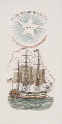 A color print of a wooden ship on water with a star that says, &quot;Texas&quot; above it surrounded by writing.
