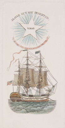 A color print of a wooden ship on water with a star that says, &quot;Texas&quot; above it surrounded by writing.