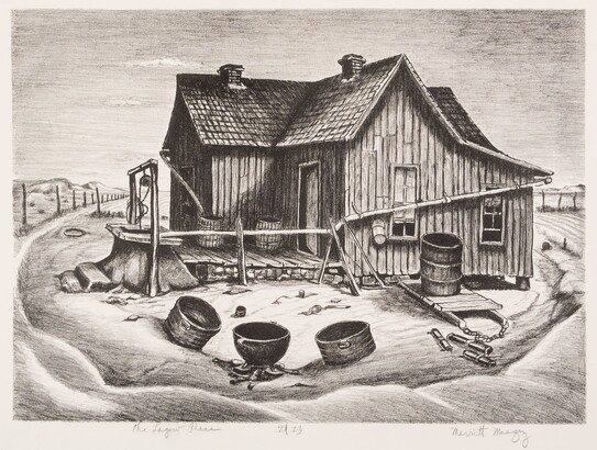 A black-and-white print of a wood house with vertical siding and a well in the yard.