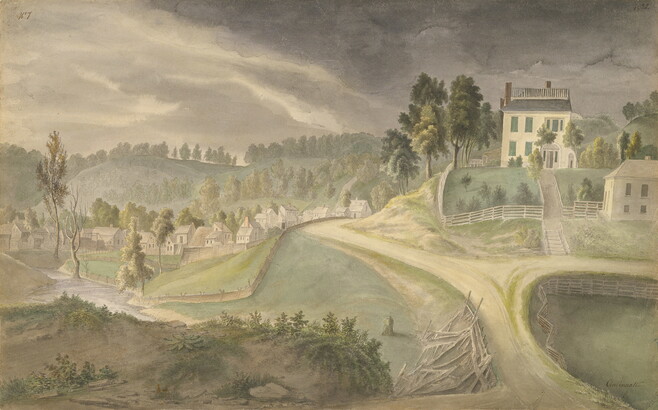 A watercolor of a large house and green yard surrounded by a white fence overlooking a town nestled in the hills.