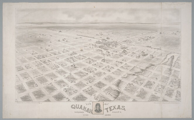 A pencil and ink drawing of a bird's eye view of a town, showing its grid of streets and a railroad in the distance.