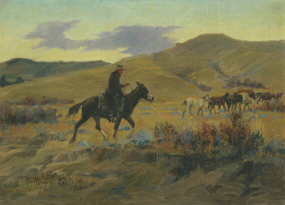 An oil painting of a cowboy on horseback following behind herd of riderless horses through a hilly landscape.