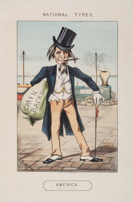 A color print of an older White man wearing a top hat and three-piece suit holding a bag that says &quot;Green backs&quot; and standing in front of a train that says &quot;Progress.&quot;