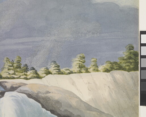 A detail of a watercolor of rushing water tumbling over rocky cliffs beneath double rainbows in a cloudy sky.
