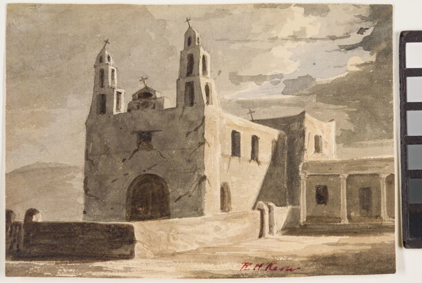 A mixed-media watercolor in earthtones of the exterior of an adobe mission church.